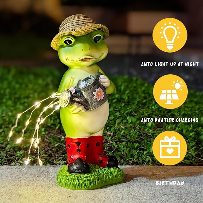 Solar Powered Frog & Mushroom Couple Statue, Outdoor Garden Decor with Romantic LED Lights, Waterproof Resin Sculpture Set for Lawn, Yard, Patio with Anti-Tip Stakes (Watering Frogs)