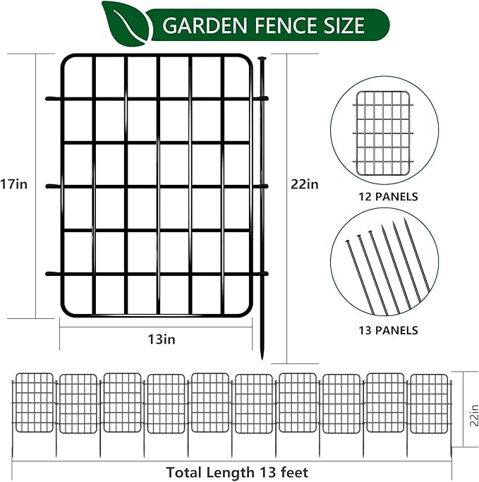 13ft x 17in Garden Fence Animal Barrier, 12 Panels No Dig Fence Border, Rustproof Metal Decorative Garden Fence with Ground Stake, Flower Bed Edging Border for Dog, Rabbit, Outdoor Yard Patio Decor