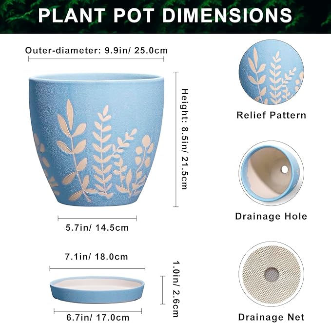 10 Inch Large Ceramic Plant Pot with Saucer - Round Planter with Drainage for Indoor Outdoor Plants, Boho Flower Pot, Home Office Room Garden Decor, Housewarming Gift, Blue