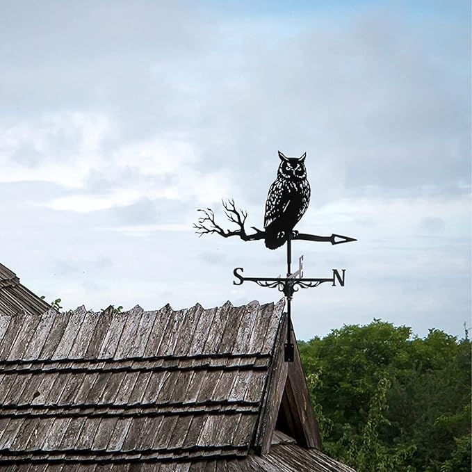3D Animal Metal Weather Vane, Wind Direction Indicator, Garden Patio Roof Decoration (Owl)