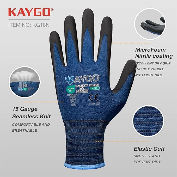 KAYGO Safety Work Gloves MicroFoam Nitrile Coated, 3 Pairs KG18NB,Seamless Knit Nylon Glove for Men and Women, Ideal for Automotive,Warehouse,Construction (S, Dark Blue)