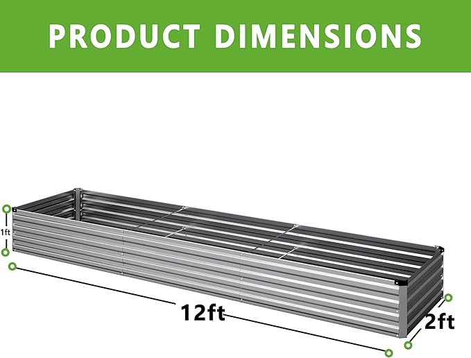2PCS 12x2x1FTGalvanized Raised Garden Bed Kit,Vegetable Boxes-Rectangle Metal Flower Box,Large Planter Raised Beds Outdoor Garden for Planting,Fruit,Herb-Sliver