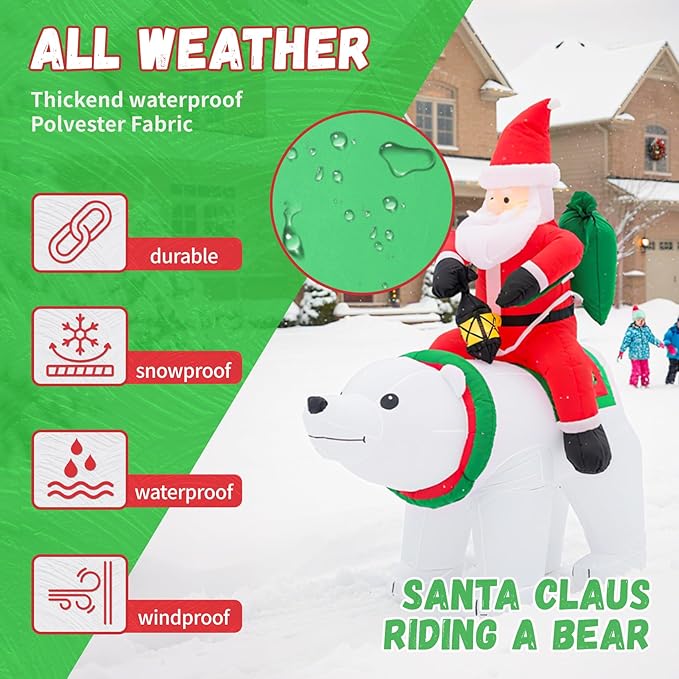 UPWELL 6FT Inflatable Santa Claus and Bear - Classic Outdoor Holiday Yard Decoration with LED Lights, Self-Inflating, Stable & Durable, Suitable for Christmas Decor & Events