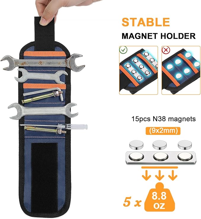 vidsel Magnetic Tool Holder Belt & Wrist-Band (15 N38 Magnets), Adjustable Work Gadget for Electricians/DIY/HVAC, Screws, Nails, Drill Bits Organizer, Birthday Gift for Men, Dad, Husband, Navy Blue
