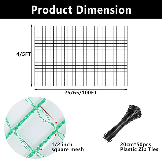 4x65ft Deer Fence Netting, Plastic Mesh Fence Heavy Duty Garden Fence Animal Barrier Garden Netting for Plants Fruit Trees Vegetables Against Deer, Birds, Rabbits, Chickens and Other Animals, Green
