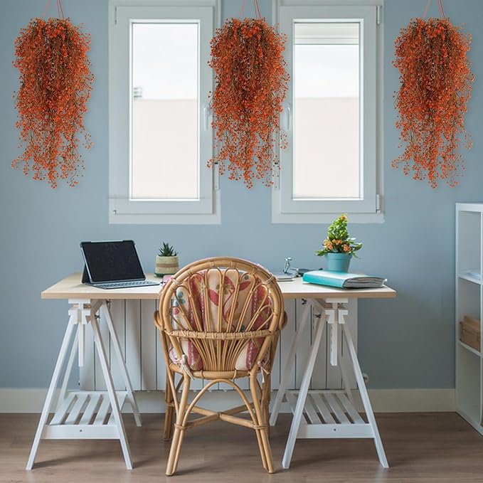 RECUTMS Fall Artificial Hanging Plants 4 Pcs Autumn Fake Ferns Artificial Plants Large Faux Hanging Plant Wall Thanksgiving Room Home Garden Wedding Party Indoor Outdoor Decor(Fall Orange)