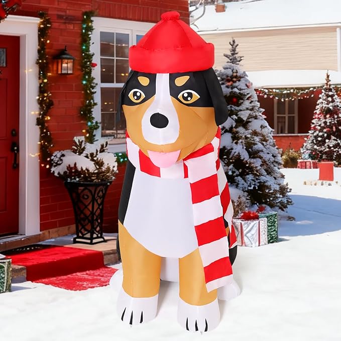 COMIN 4.5 FT Christmas Decorations Outdoor Inflatables Dog Christmas Scarf Blow Ups with Built-in LEDs for Yard Party Lawn Decor