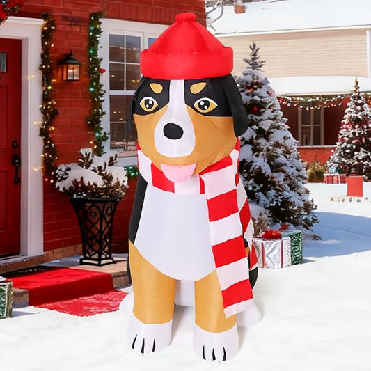 COMIN 4.5 FT Christmas Decorations Outdoor Inflatables Dog Christmas Scarf Blow Ups with Built-in LEDs for Yard Party Lawn Decor