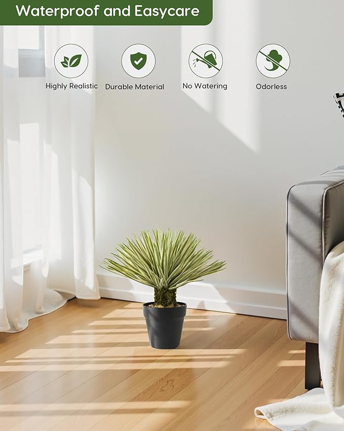 Velener Artificial Agave Plant in Black Pot with Real Stone Pebbles, Large Fake Plants with Fake Green Moss, Faux Yucca with Long Sword-Shaped Leaves for Indoor/Outdoor-15 Inches Tall, 180 Leaves