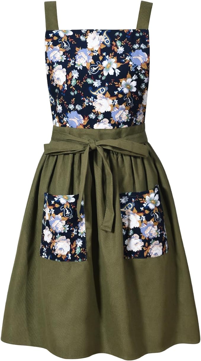 Vintage Pinafore Apron Dress for Women with Pockets Cute Floral Chef Aprons for Kitchen Cooking Baking Gardening