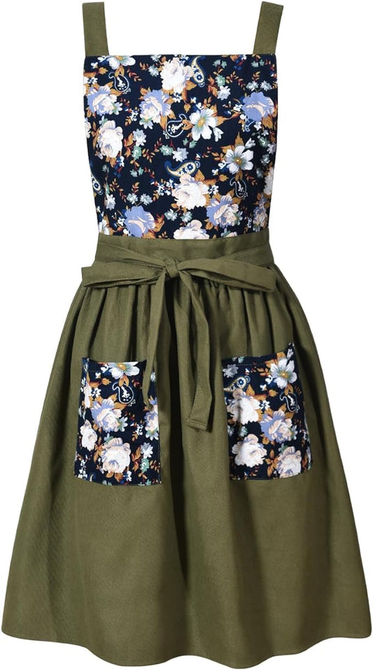 Vintage Pinafore Apron Dress for Women with Pockets Cute Floral Chef Aprons for Kitchen Cooking Baking Gardening