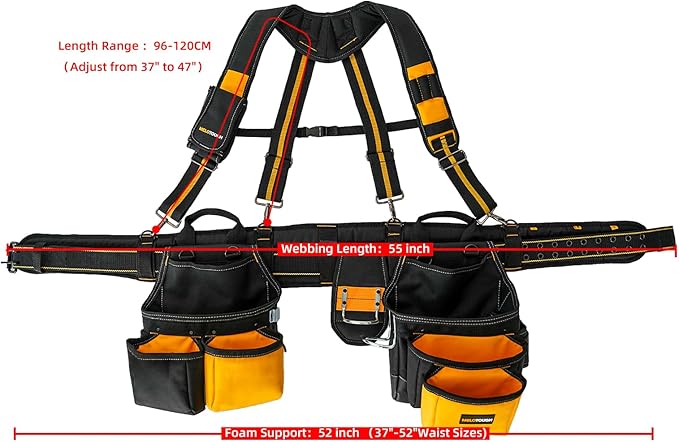 MELOTOUGH 28-Pocket Pro Framer's rig Combo Apron Tool Belt and Heavy Duty Padded Suspenders with Magnetic Desinger for Technician/Carpenter/and Electrician's Tools（Yellow)