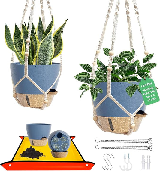 Set of 2 Hanging Planters for Indoor Plants with Self Watering Includes Hanging Pots and 2 Types Plant Hangers, Outdoor Hanging Baskets Holder for Home Garden, 10 Inch Aegean Blue