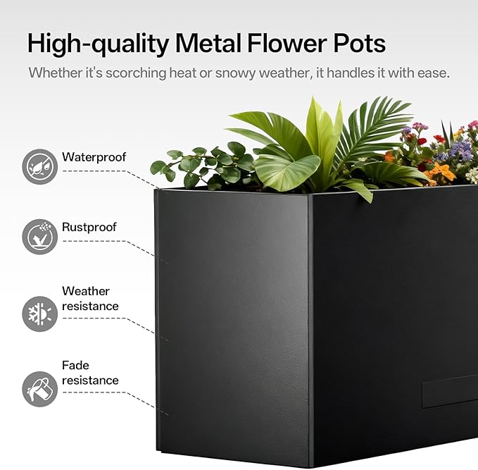 Metal Planter Box 36" x 12"x 16",Heavy-duty Galvanized Steel Outdoor Planter with Removable Built-in shelf and Drainage Holes,Rectangular Planter for Porches, Gardens, Patios, and Courtyards，Black