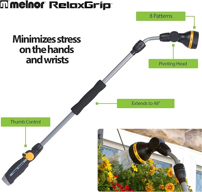 Melnor 65145AMZ RelaxGrip 8-Pattern Pivoting-Head QuickConnects Extension Wand, Black/Yellow