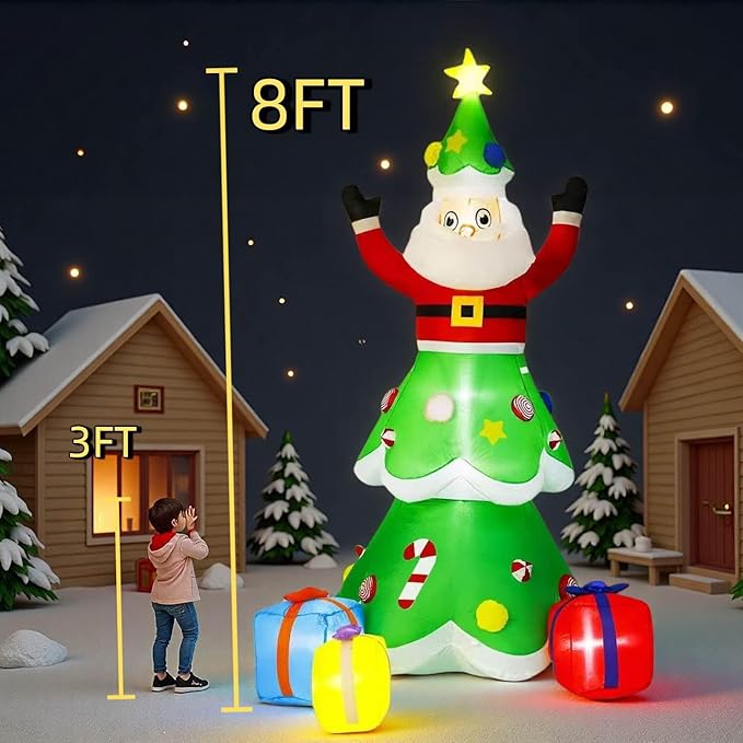 8-Foot Christmas Tree Outdoor Yard Inflatable Decoration with Christmas Santa Claus Decorations (with LED Lights), Includes Gift Box, Perfectly Suitable for Christmas Holiday Lawns and Garden Parties