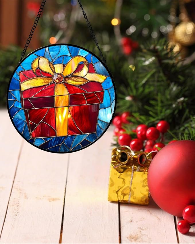 Stained Glass Window Hanging - Gold Red Gift Box Suncatcher for Doors Home Christmas Decoration Sun Catcher Thanksgiving New Year Birthday Gifts for Friend Women Men Mom Nana 15 in