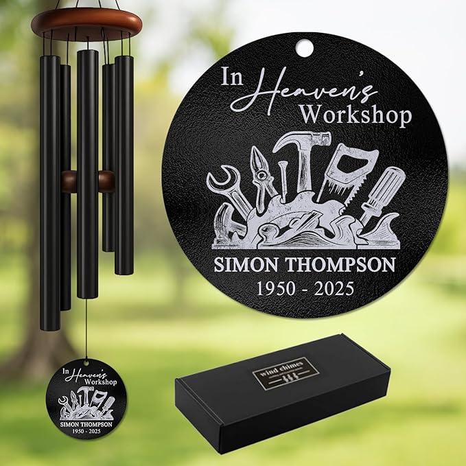 Personalized Craftsman Memorial Wind Chime – “in Heaven’s Workshop” Custom Name & Years – White Engraved Outdoor Sympathy Gift for Loss of Loved One – Carpenter Mechanic Remembrance Windchime
