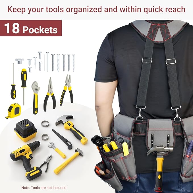 Tool Belt With Suspenders, Heavy Duty Magnetic Tool Belts for Men with 18 Pockets, Tool Belt with Adjustable 32 to 66 Inches Detachable Waist for Electricians, Carpenters, Framers, Grey