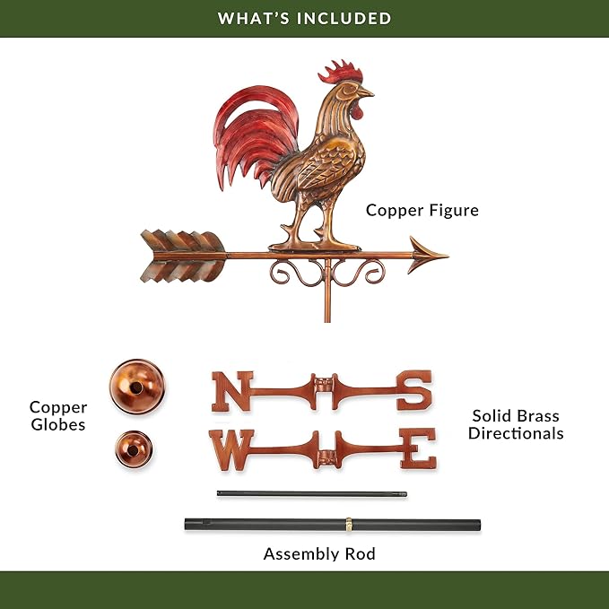 Good Directions Bantam Red Rooster Copper Weathervane, Hand Finished Multi Color Patina