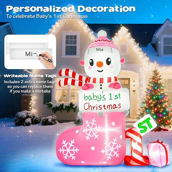 Christmas Inflatable Outdoor Decorations, 6 FT Inflatables Babys First Christmas Stocking Snowman Yard Decor, Built-in LED Light Blow up 1st Xmas DIY Name Ornament for Indoor Outside Lawn Garden(Girl)