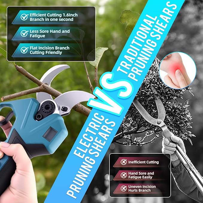 21V Brushless Electric Pruning Shears Cordless, 1.6-Inch Power Pruner with 2x2.0Ah Battery & 3 Pairs SK5 Blades, 2.4" Max Opening LCD Display Garden Shears for Tree Trimming,Fruit Harvesting