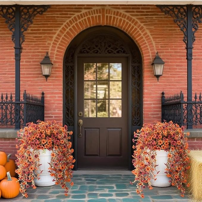 SzJias Artificial Hanging Plants for Outdoor Fall Flowers Hanging Fake Flowers Eucalyptus Leaf Faux Plants for Patio Porch Outdoor Plants Decor (4 Pcs, Fall)