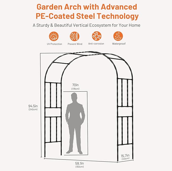 Garden Arch, 94.5’’x59.1’’ Arbor Trellis, Garden Arch Trellis for Climbing Plants Outdoor, Arbor for Flower, Climbing Vine Vegetable, Fruit and Lawn(Black)