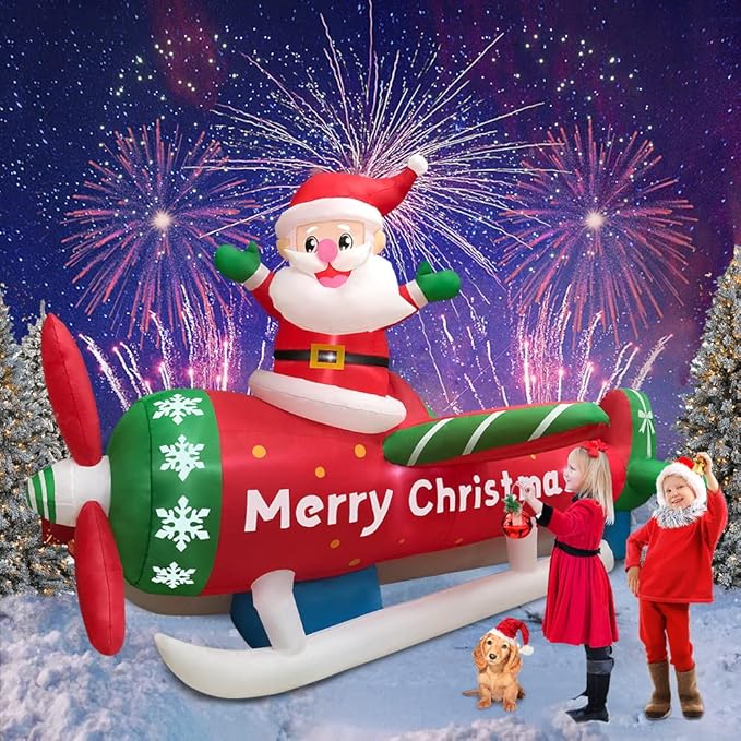 KOOY 9FT Christmas Inflatables Santa Claus on Airplane Outdoor Decorations Blow Up Giant Yard Decoration Bright LED Lights for Garden Yard Lawn Outdoor Indoor Holiday Xmas Gifts