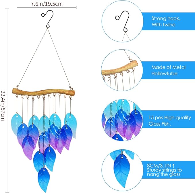 Glass Leaves Wind Chimes for Outdoor Memorial Decor - Unique Wind Chimes for Garden, Yard, Porch & Backyard, Durable Outside Decoration with Handcrafted Glass Design