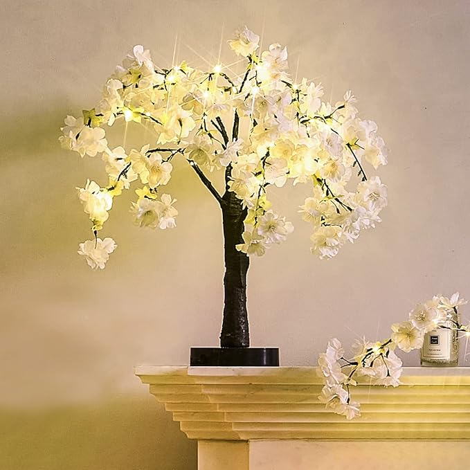 Fudios Lighted White Cherry Blossom Tree 40 LED 18IN Japanese Room Decor,Artificial Flower Tree with Lights Battery USB Plug for Wedding Party Summer Mantle Decoration