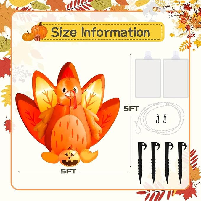 8 FT Christmas Inflatables Santa Claus in Sleigh with Two Reindeer Outdoor Decorations Blow Up Yard Santa Claus with Built-in LEDs (5FT Thanksgiving Inflatable Turkey)