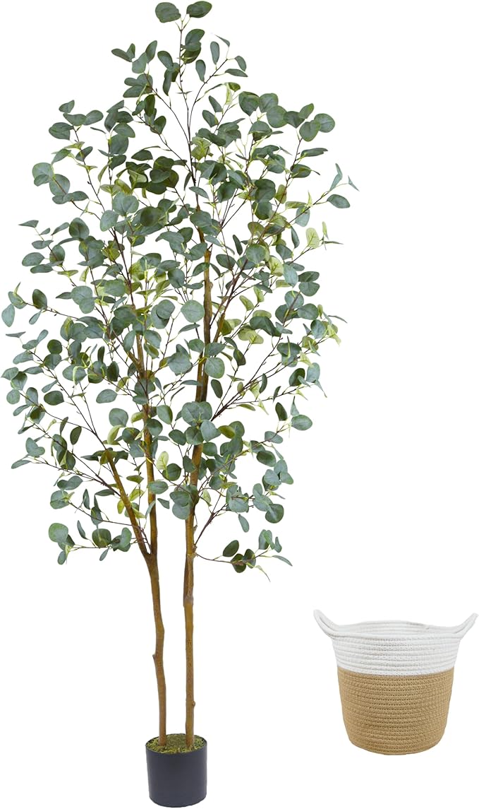 Artificial Eucalyptus Tree, 7ft Tall Silk Leaves Fake Plant with Basket for Outdoor Indoor, 83'' Faux Eucalyptus Trees for Home Office Livingroom Floor Décor