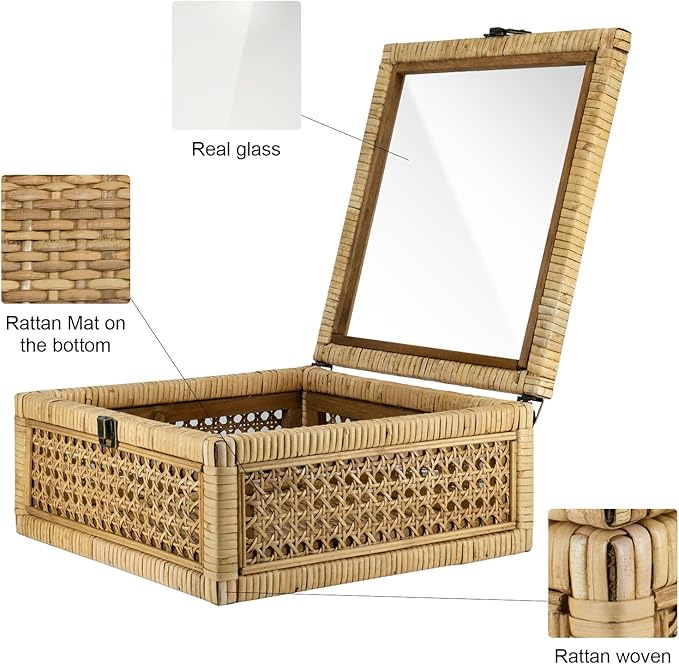 Rattan Square Box with Lid - Set of 2 Wicker Decorative Bins with Glass Cover for Display