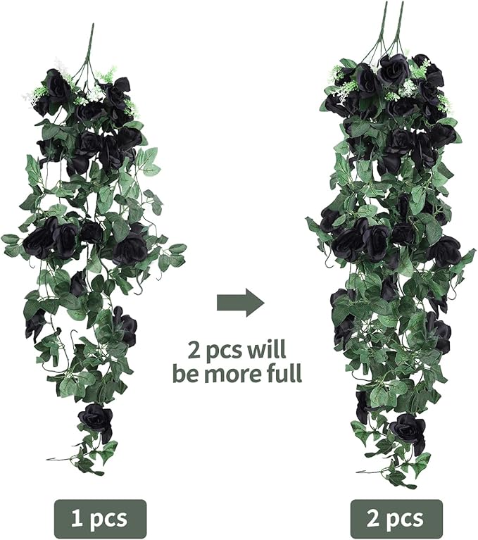 RECUTMS Hanging Flowers Black Artificial Rose Flower 2PCS 3.3Ft for Outdoors with 30 LED Fairy String Lights Fake Indoor Wall Wedding (Black)