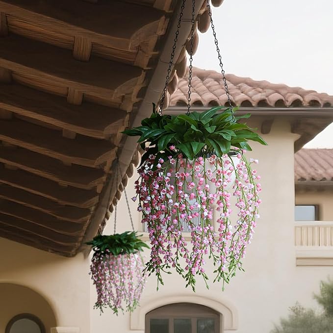 alyptus Hanging Planters for Indoor Plants Fake Flowers - 2-Pack Artificial Hanging Lily of The Valley with Pot - White Faux Flowers in Planters for Indoor Décor