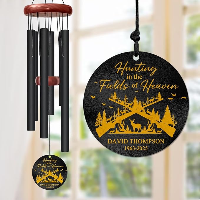 Personalized Hunting Memorial Wind Chime – “Hunting in The Fields of Heaven” Custom Name & Years – Outdoor Remembrance Gift for Hunters – Engraved Sympathy Windchime for Loss of Loved One