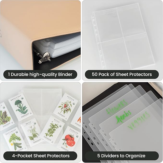 Seed Storage Binder – Seed Packet Organizer w/50 Sheet Protectors & Protective Flap-Top Inserts Stores 200 Envelopes Binder w/5 Dividers for Sorting Seeds & Gardening Supplies