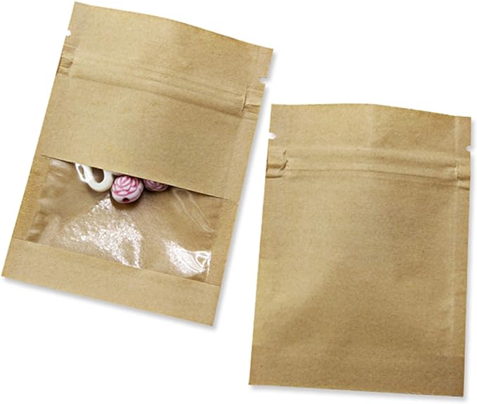 PABCK 100 Pack 5.1x7.08 inch (Inner Size 4.7x5.7 inch) Clear Window Brown Kraft Paper for Zip Seed Packets Lock Food Storage Bags Zipper Lock Seeds Envelopes Resealable Heat Seal Pouch Coffee Packet