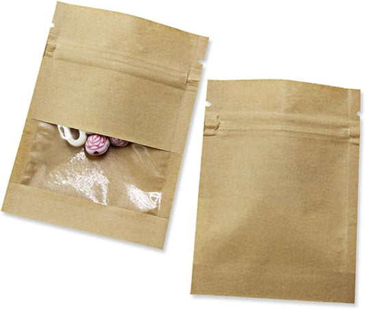 PABCK 100 Pack 5.1x7.08 inch (Inner Size 4.7x5.7 inch) Clear Window Brown Kraft Paper for Zip Seed Packets Lock Food Storage Bags Zipper Lock Seeds Envelopes Resealable Heat Seal Pouch Coffee Packet