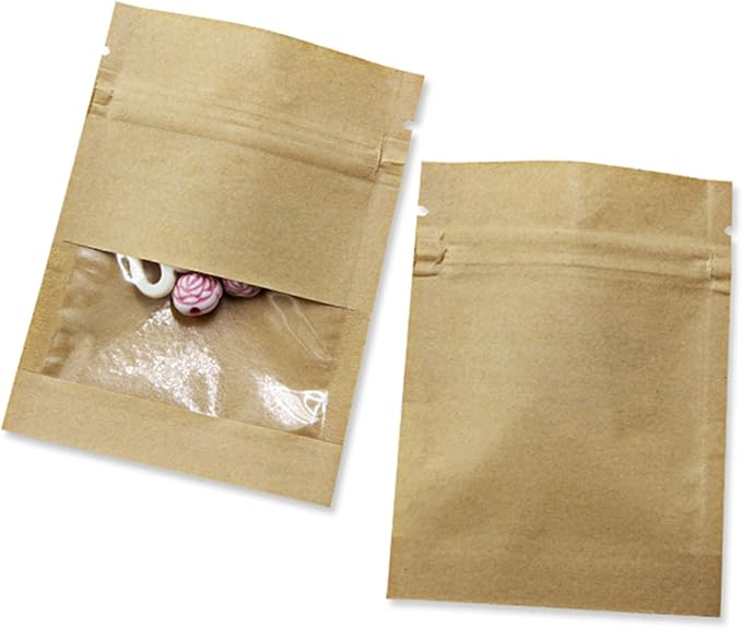 PABCK 500 Pack 3.5x5.1inch (Inner Size 3.1x3.9 inch) Clear WindowBrown Kraft Paper for Zip Seed Packets Lock Food Storage Bags Zipper Lock Seeds Envelopes Resealable Heat Seal Pouch Coffee Packet