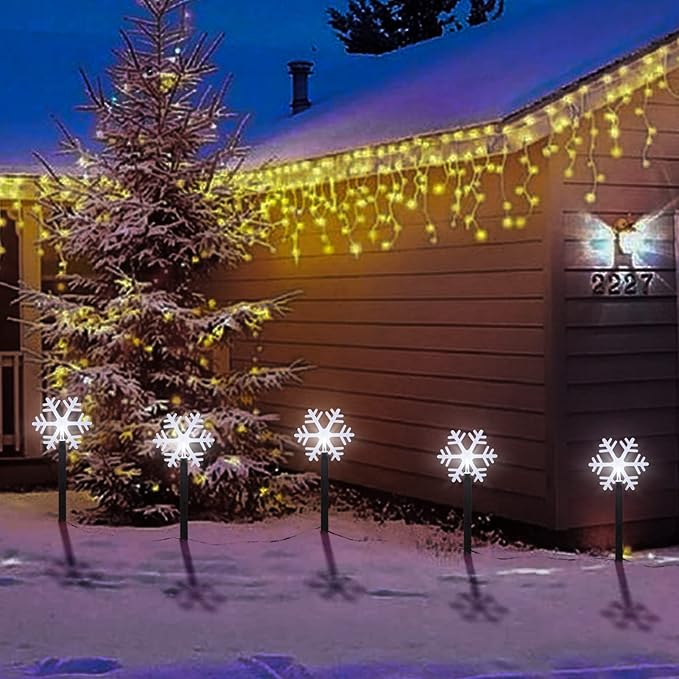BRIGHTDECK Snowflake Solar Christmas Decorations Outdoor, 5 Pack LED Pathway Lights, Waterproof Snowflake Pathway Lights, Stake Lights for Christmas Garden Decor (5Pcs Cold White)