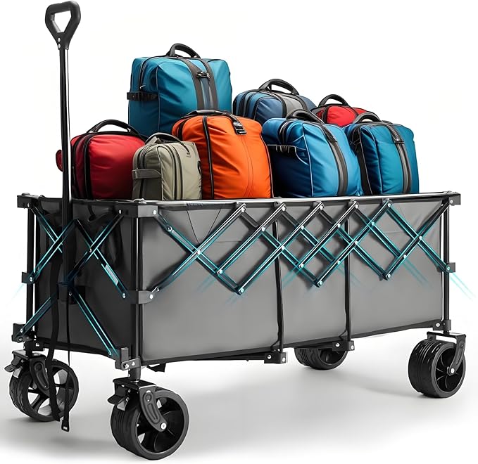 NEWBULIG Collapsible Wagon Cart - 440lbs Foldable Extra Long Heavy Duty Utility Wagon with Wheels, Portable Storage Grocery Cart for Camping, Shopping, Sports, Beach, Garden