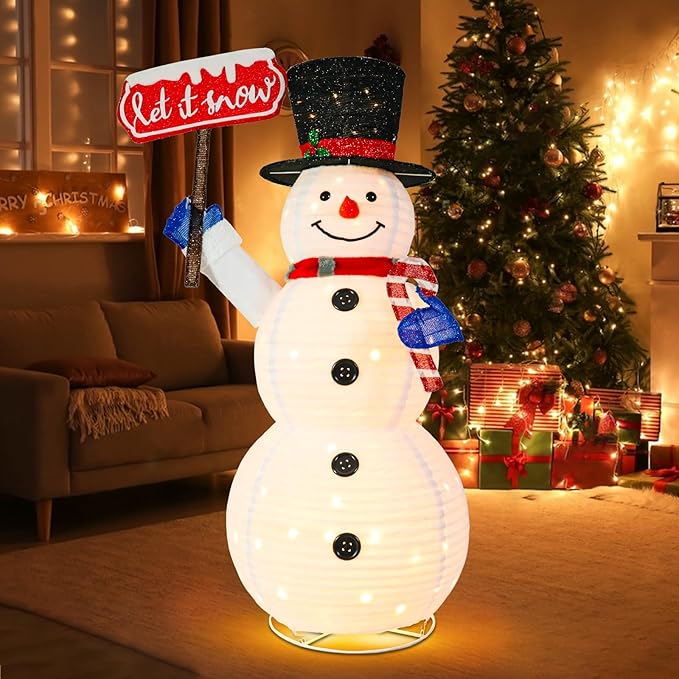 5.2FT Lighted Christmas Snowman Outdoor Pre-lit 3D Glittered Popup Snowman with LED Lights Let It Snow Sign Lighted Standing Ornament Outdoor Indoor Xmas Decoration for Home Lawn Yard Garden Display