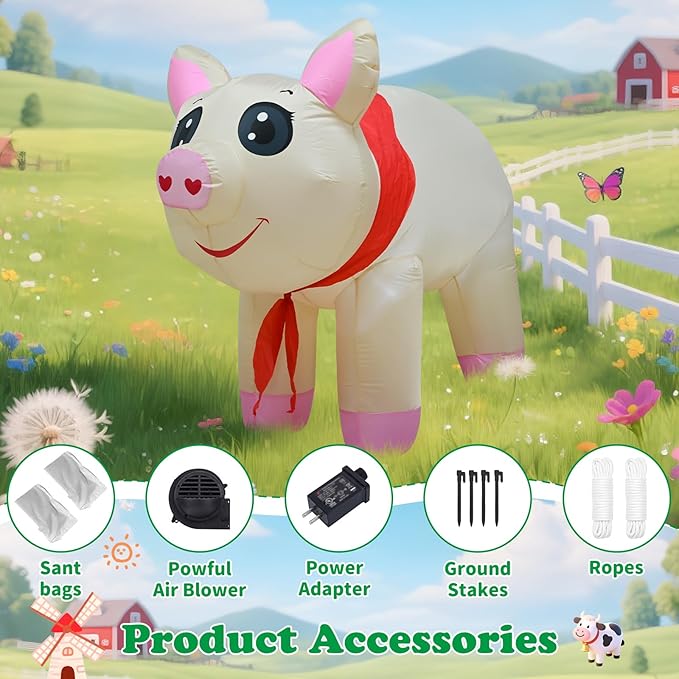 4FT Inflatables Christmas Spring Farm Ranch Blow up Animals Cute Pig Decorations with LED Light Indoor Outdoor Yard Graden Party Lawn Holiday Decor