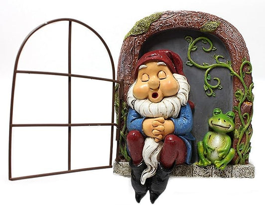 Gnome Sleeping in The Window Statue for Trees and Wall, Dwarf Fairy Garden Miniature Accessories, Whimsical Art Sculpture