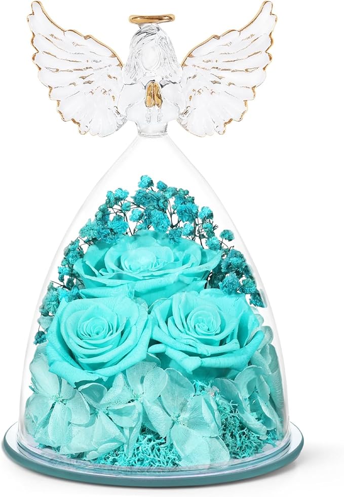 Preserved Flower Rose Gifts for Women, Forever Eternal Fresh Flowers in Glass Angel Figurines Flowers for Delivery Prime for Grandma Mom Sister Her Wife on Mothers Day Birthday Christmas Thanksgiving