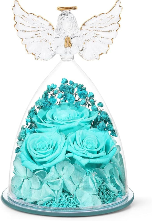 Preserved Flower Rose Gifts for Women, Forever Eternal Fresh Flowers in Glass Angel Figurines Flowers for Delivery Prime for Grandma Mom Sister Her Wife on Mothers Day Birthday Christmas Thanksgiving