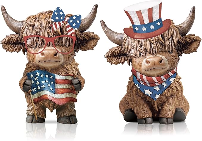 Karenhi 2 Pcs Veterans Day Highland Cow Figurines Patriotic American Flag Highland Cow Gnomes Red White and Blue Scottish Resin Statue for Home Garden Kitchen Office Tiered Tray Table Decor