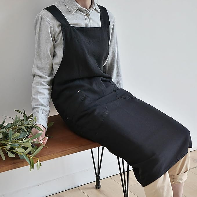 Cotton Linen Apron Cross Back Japanese Smock for Women Cooking With Pockets Pinafore Dress Kitchen Baking Gardening